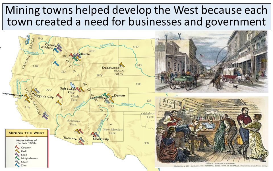 Mining towns helped develop the West because each town created a need for businesses and government