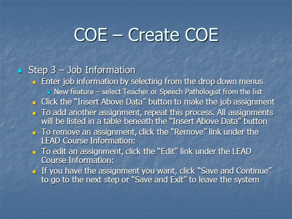 COE – Create COE Step 3 – Job Information