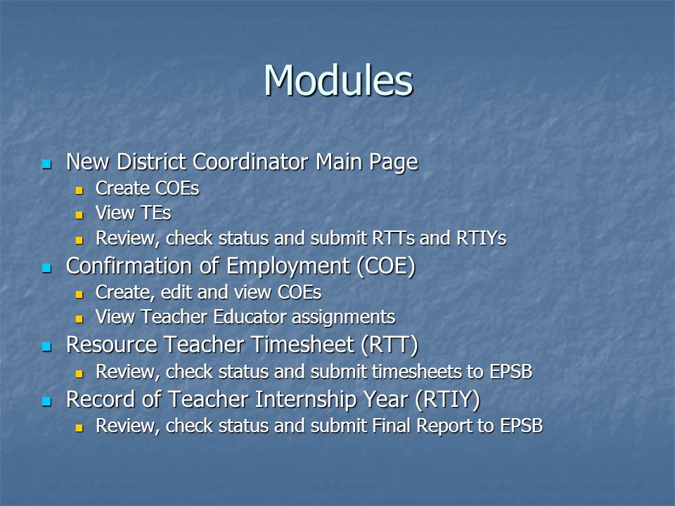 Modules New District Coordinator Main Page