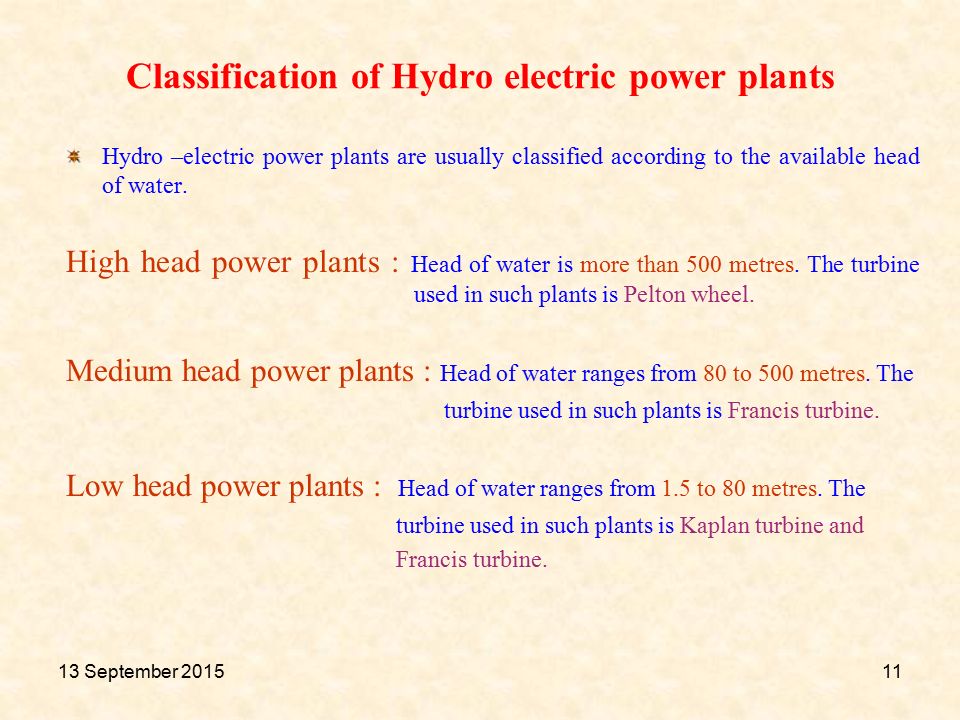 Classification of Hydro electric power plants