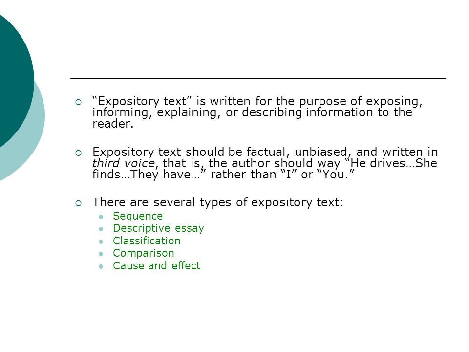 There are several types of expository text: