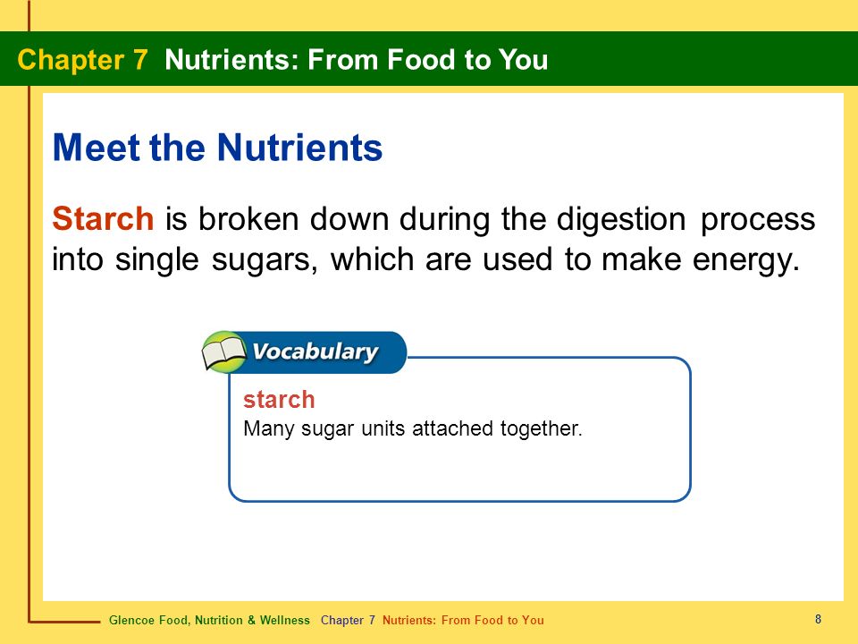 Meet the Nutrients Starch is broken down during the digestion process into single sugars, which are used to make energy.