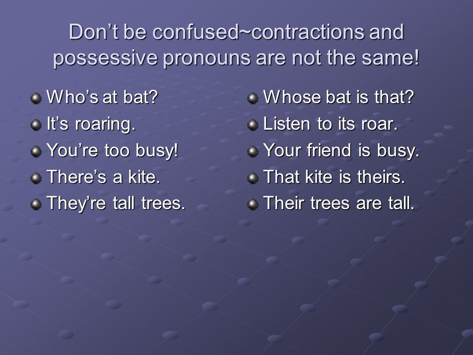 Don’t be confused~contractions and possessive pronouns are not the same!