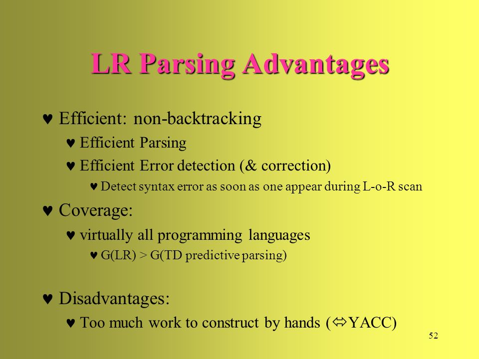 LR Parsing Advantages Efficient: non-backtracking Coverage: