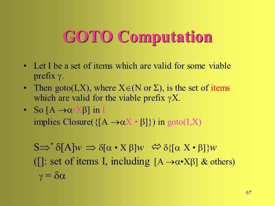 GOTO Computation ([]: set of items I, including [A a•Xb] & others)
