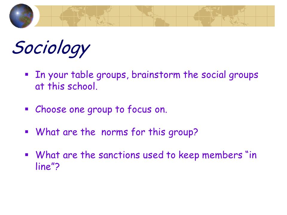 Sociology In your table groups, brainstorm the social groups at this school. Choose one group to focus on.