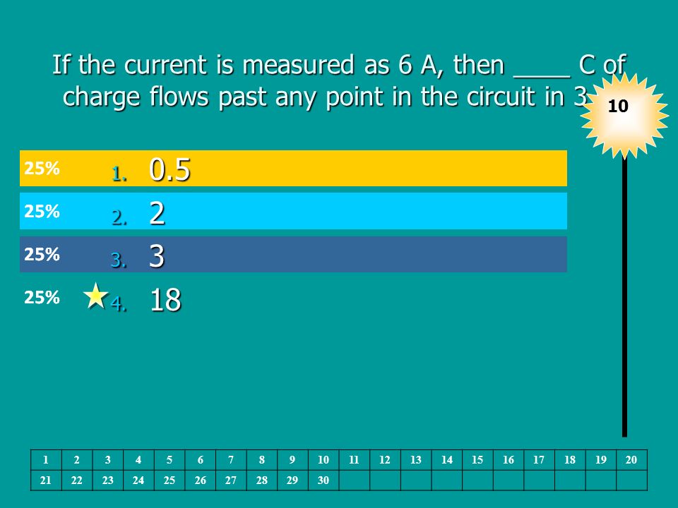 If the current is measured as 6 A, then ____ C of charge flows past any point in the circuit in 3 s.