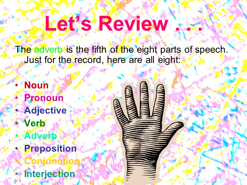 Let’s Review The adverb is the fifth of the eight parts of speech. Just for the record, here are all eight: