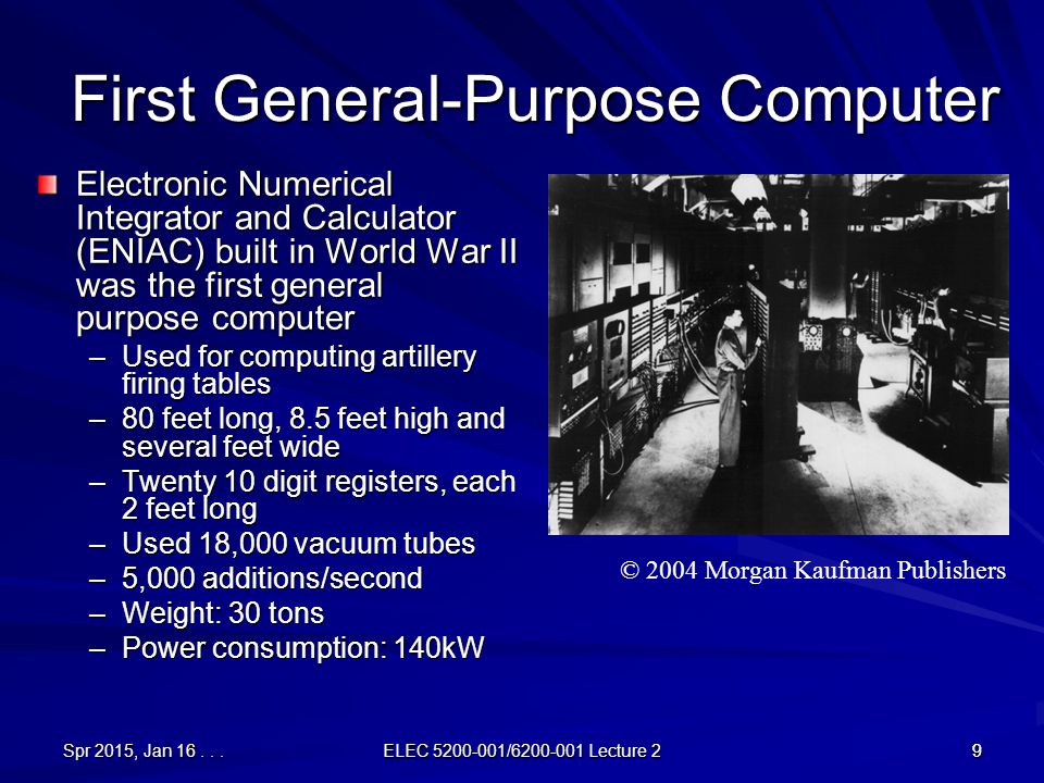 When computers were first introduced. General-purpose Electronic Computer (Eniac). A General-purpose Computer. The first Electronic Computer was built by. First General-purpose Computer.