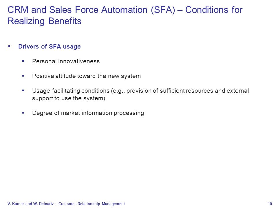 CRM and Sales Force Automation (SFA) – Conditions for Realizing Benefits