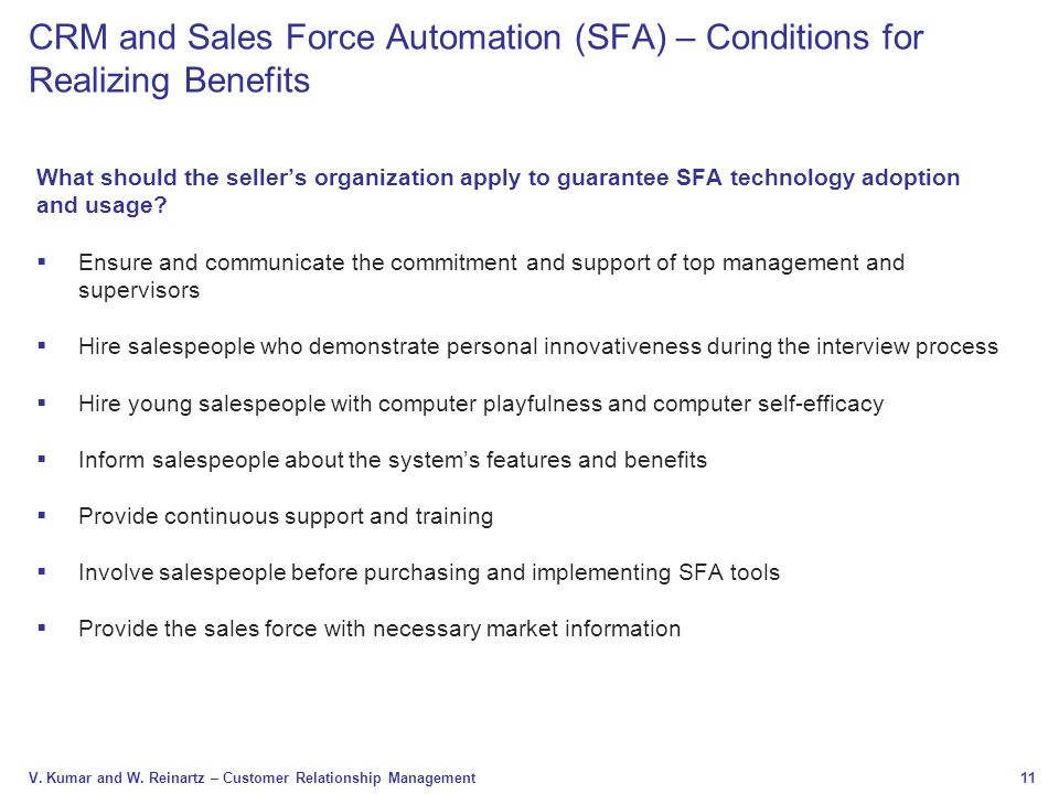 CRM and Sales Force Automation (SFA) – Conditions for Realizing Benefits