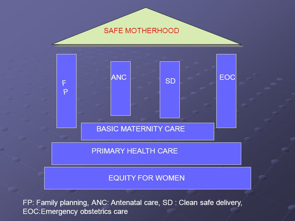 SAFE MOTHERHOOD SD. ANC. EOC. FP. BASIC MATERNITY CARE. PRIMARY HEALTH CARE. EQUITY FOR WOMEN.