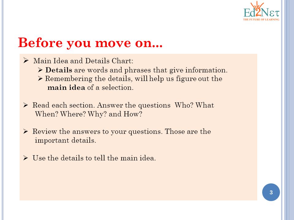 Before you move on... Main Idea and Details Chart: .