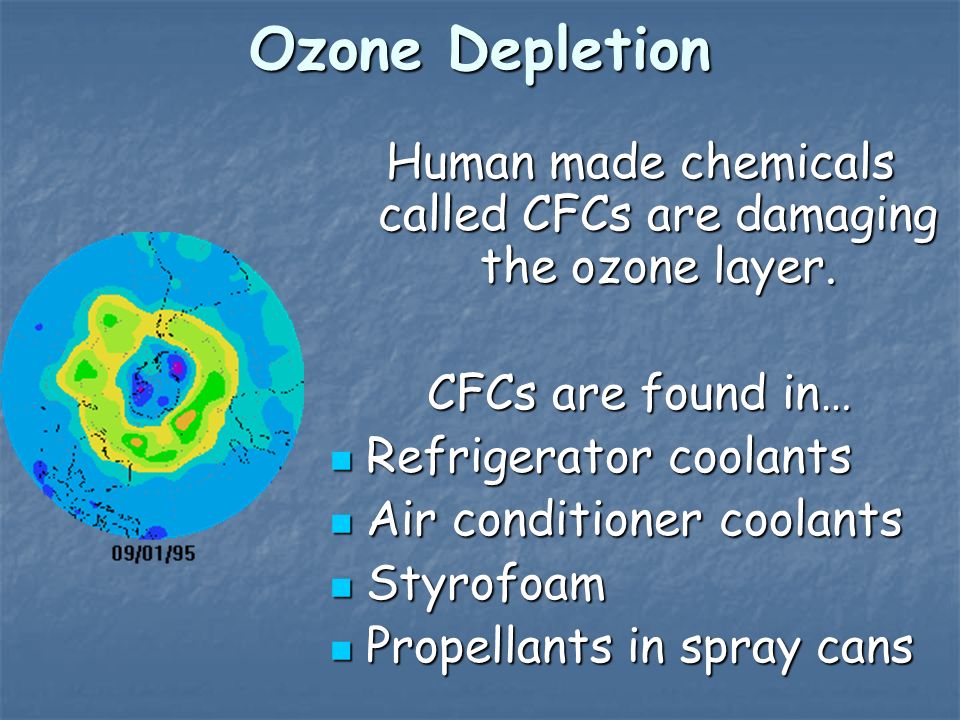 Human made chemicals called CFCs are damaging the ozone layer.