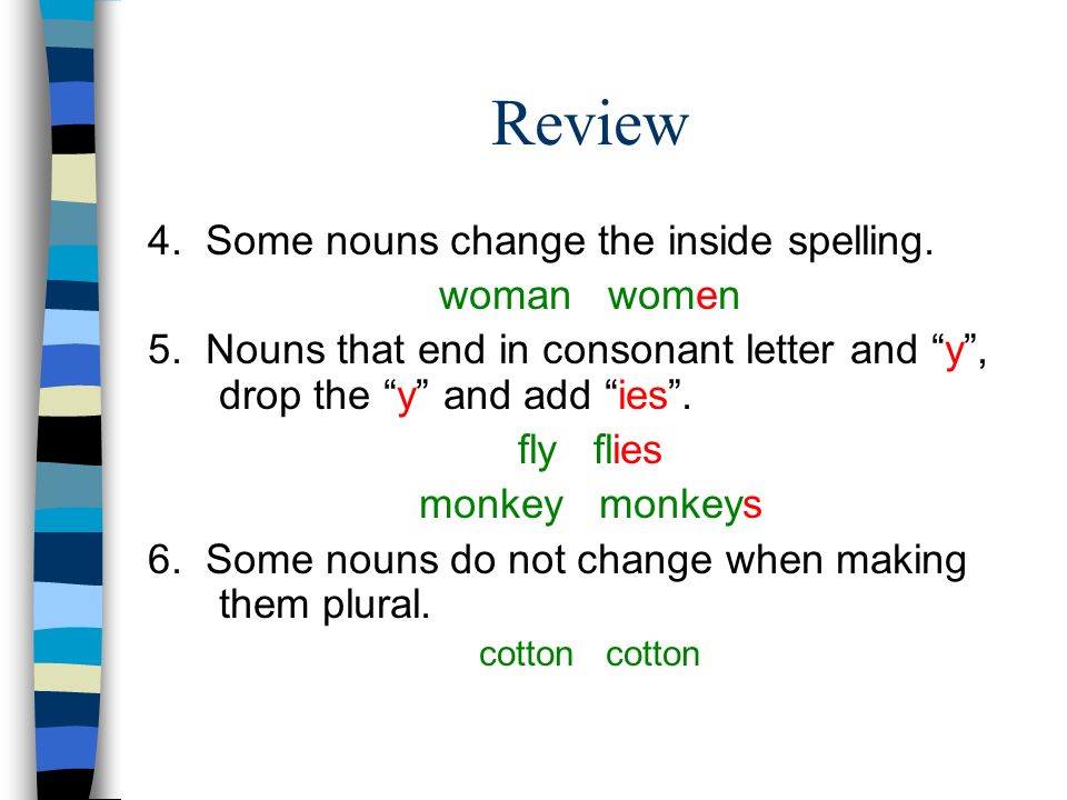 Review 4. Some nouns change the inside spelling. woman women