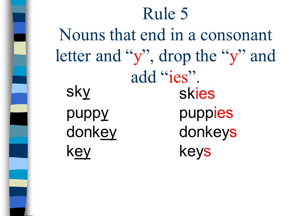 Rule 5 Nouns that end in a consonant letter and y , drop the y and add ies .