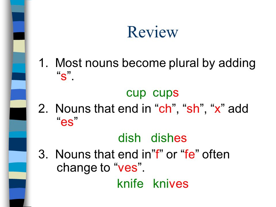Review 1. Most nouns become plural by adding s . cup cups