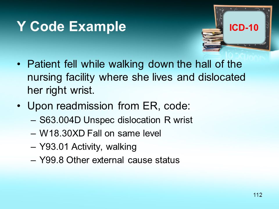Y Code Example Patient fell while walking down the hall of the nursing facility where she lives and dislocated her right wrist.