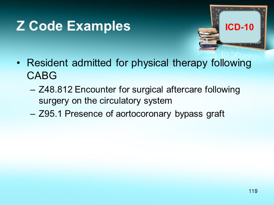 Z Code Examples Resident admitted for physical therapy following CABG