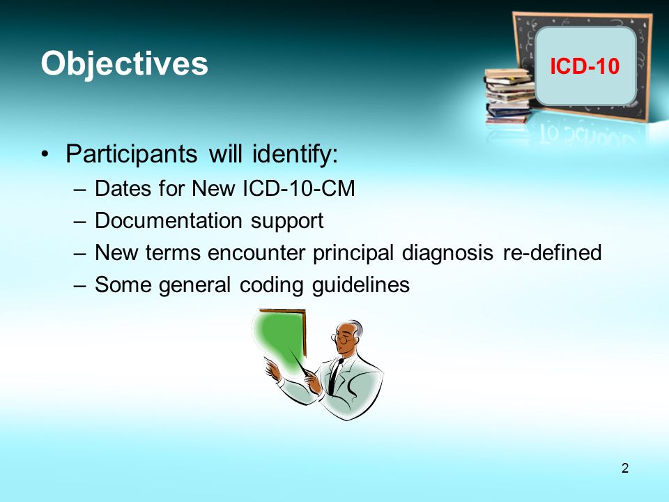 Objectives Participants will identify: Dates for New ICD-10-CM