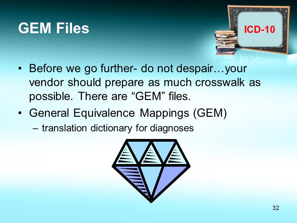 GEM Files Before we go further- do not despair…your vendor should prepare as much crosswalk as possible. There are GEM files.