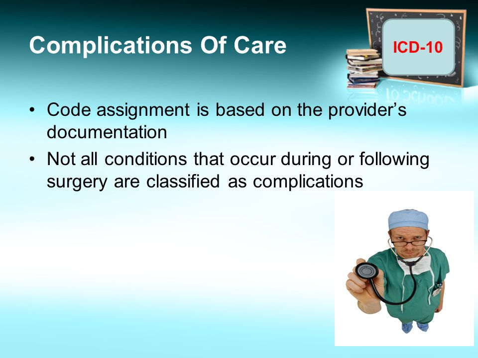 Complications Of Care Code assignment is based on the provider’s documentation.
