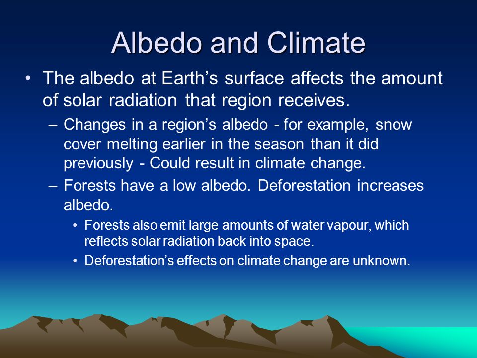 Albedo and Climate The albedo at Earth’s surface affects the amount of solar radiation that region receives.
