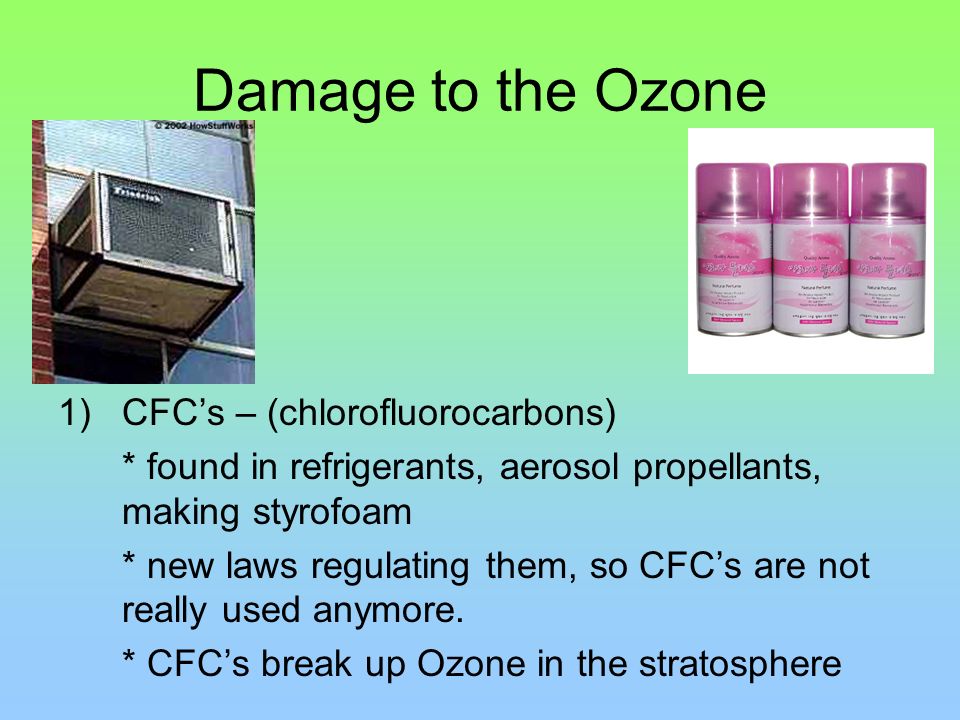 Damage to the Ozone CFC’s – (chlorofluorocarbons)