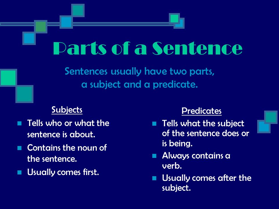Parts of a Sentence Sentences usually have two parts,