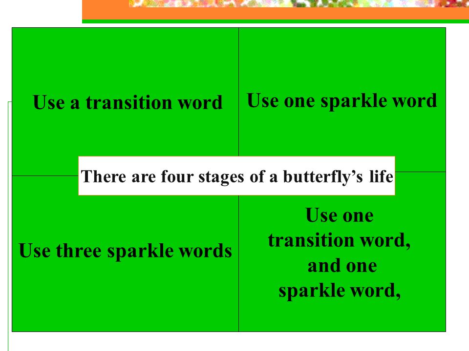There are four stages of a butterfly’s life Use three sparkle words