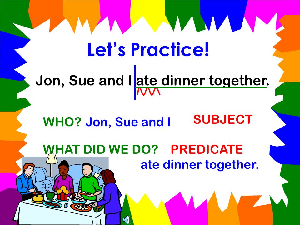 Let’s Practice! Jon, Sue and I ate dinner together. SUBJECT WHO