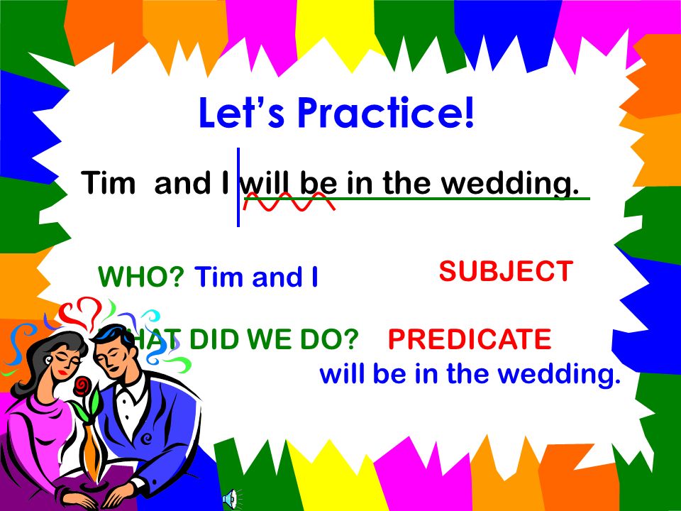 Let’s Practice! Tim and I will be in the wedding. SUBJECT WHO