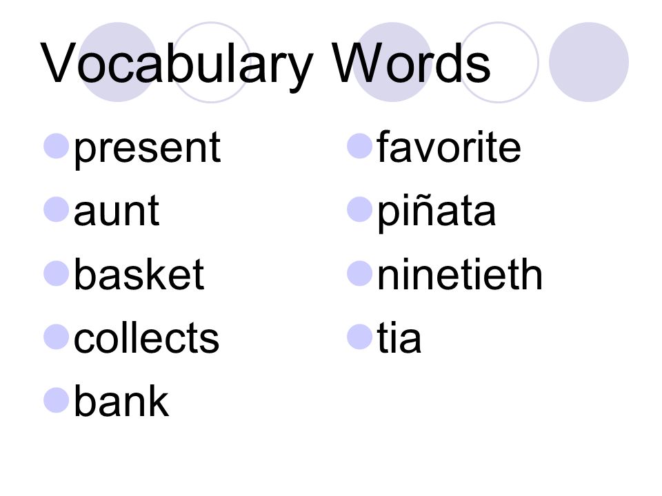 Vocabulary Words present aunt basket collects bank favorite piñata