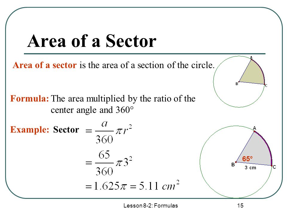 Area of a Sector Area of a sector is the area of a section of the circle. Formula: The area multiplied by the ratio of the center angle and 360°