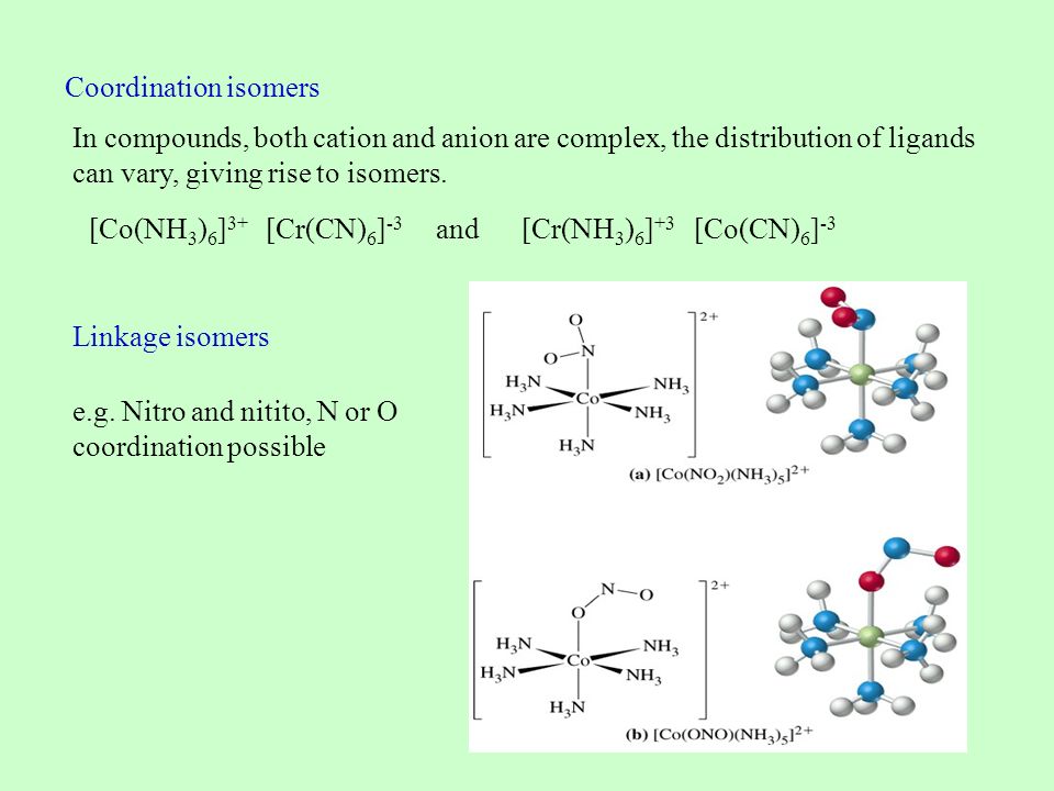 Coordination isomers In compounds, both cation and anion are complex, the distribution of ligands can vary, giving rise to isomers.