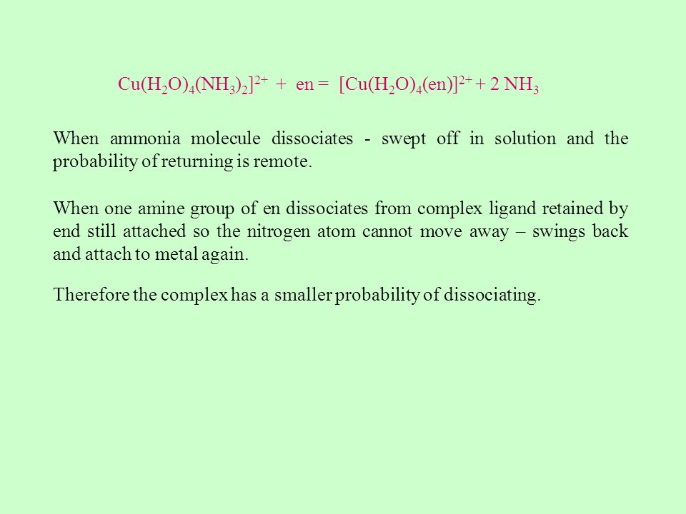 Cu(H2O)4(NH3)2]2+ + en = [Cu(H2O)4(en)] NH3