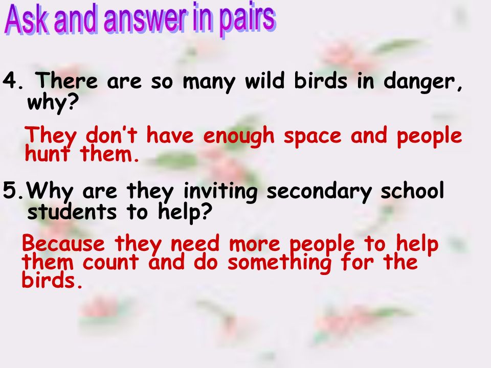 Ask and answer in pairs 4. There are so many wild birds in danger, why 5.Why are they inviting secondary school students to help