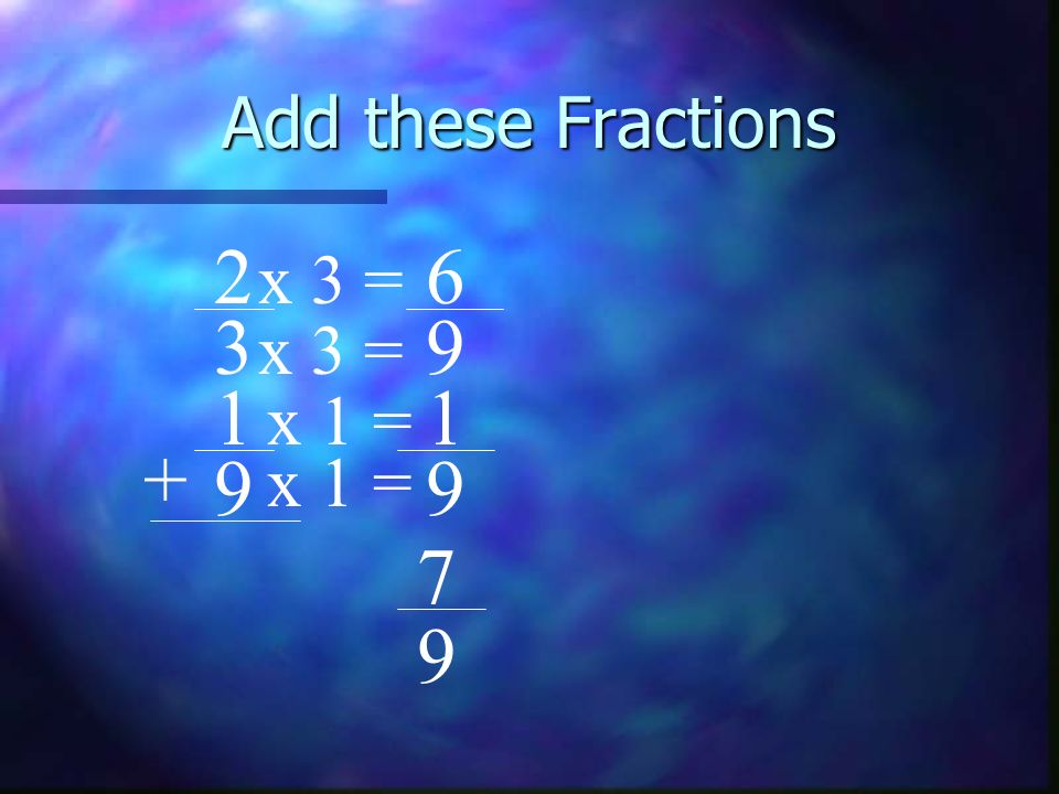 Add these Fractions 2 6 x 3 = 3 9 x 3 = 1 1 x 1 = + 9 x 1 = 9 7 9