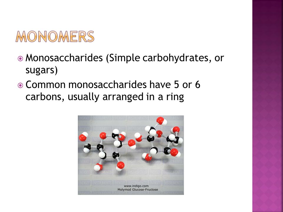 Monomers Monosaccharides (Simple carbohydrates, or sugars)
