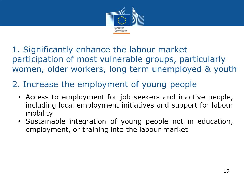 1. Significantly enhance the labour market participation of most vulnerable groups, particularly women, older workers, long term unemployed & youth 2. Increase the employment of young people
