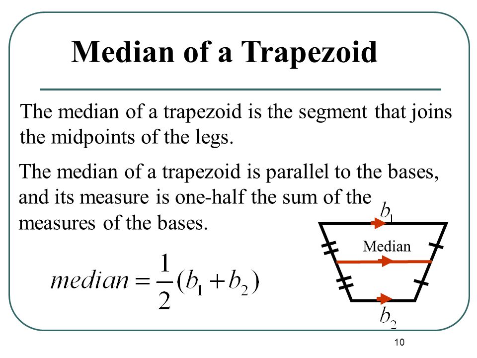 Median of a Trapezoid The median of a trapezoid is the segment that joins the midpoints of the legs.
