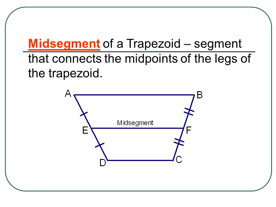 Midsegment of a Trapezoid – segment that connects the midpoints of the legs of the trapezoid.