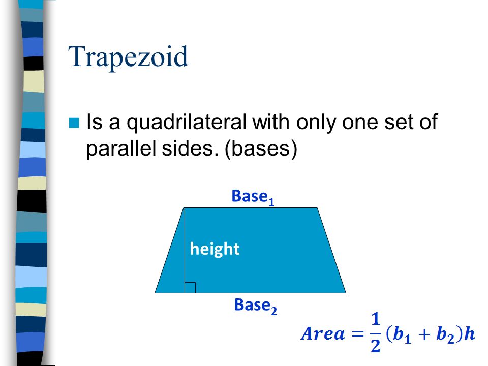 Trapezoid Is a quadrilateral with only one set of parallel sides. (bases) Base1 height Base2