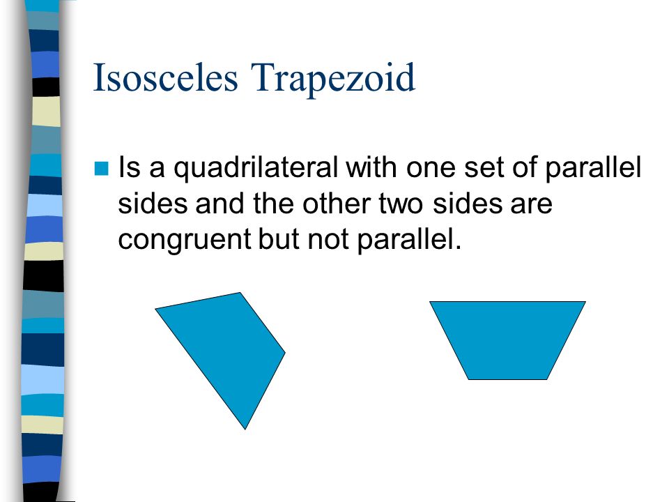 Isosceles Trapezoid Is a quadrilateral with one set of parallel sides and the other two sides are congruent but not parallel.