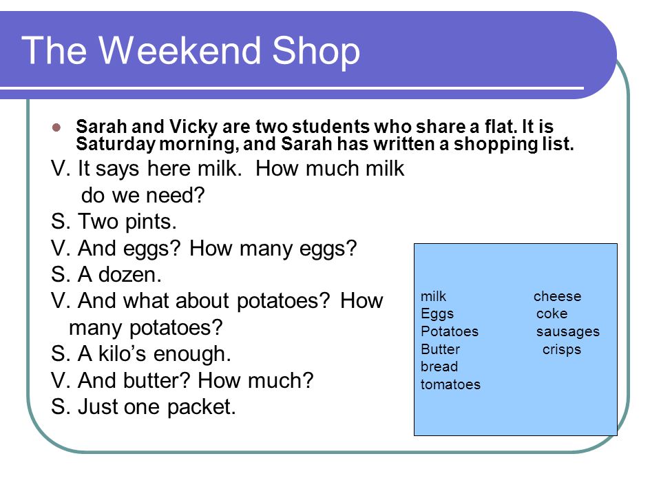 The Weekend Shop V. It says here milk. How much milk do we need