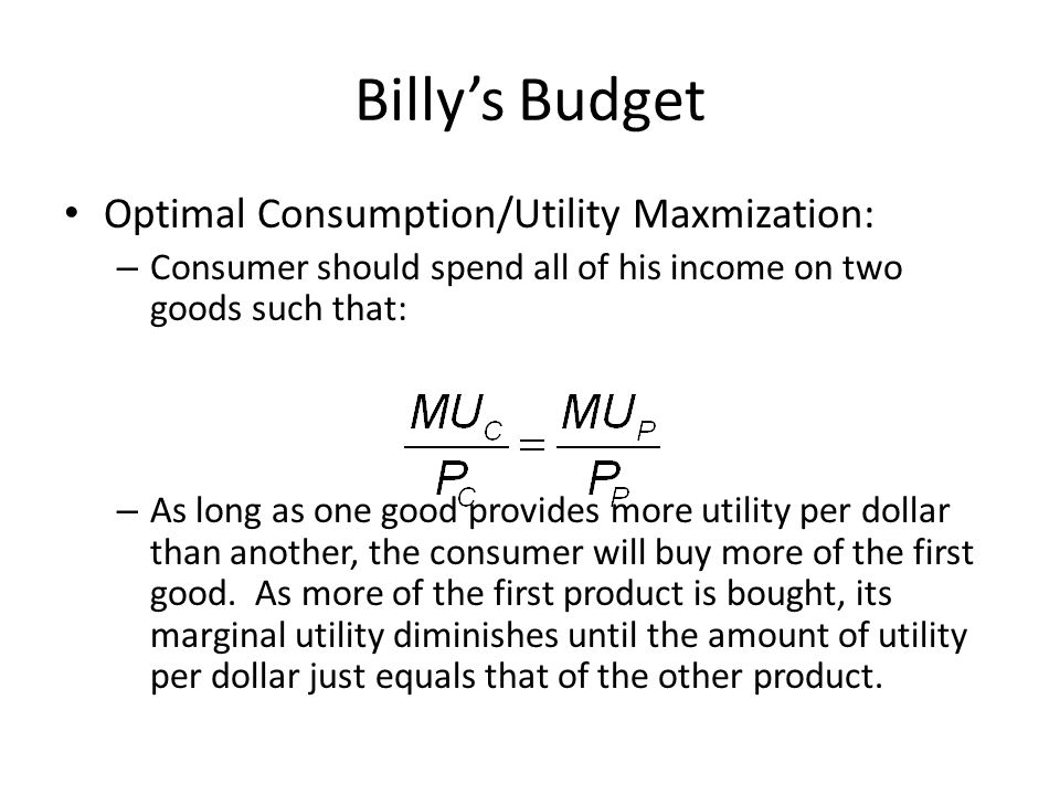Billy’s Budget Optimal Consumption/Utility Maxmization:
