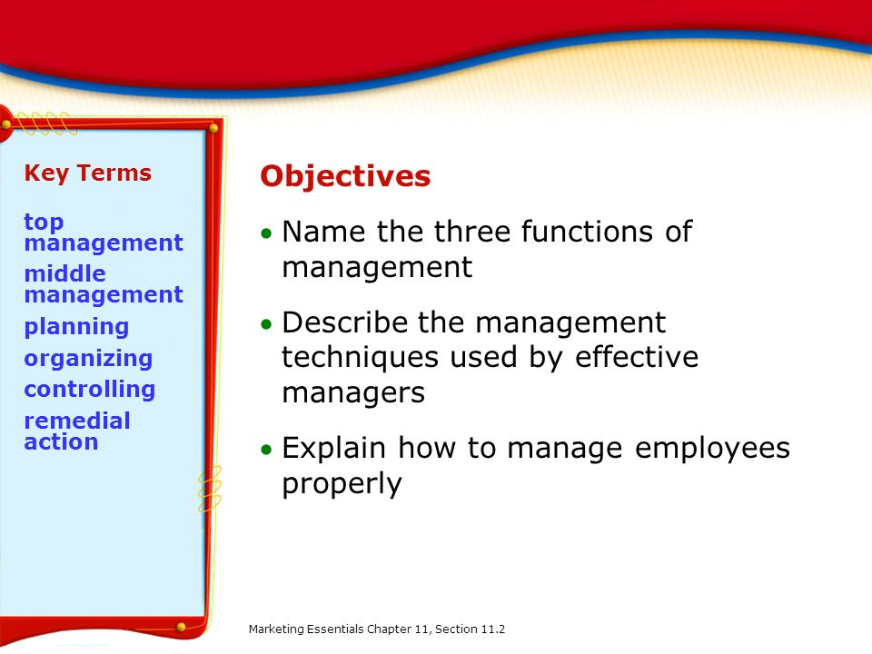 Name the three functions of management