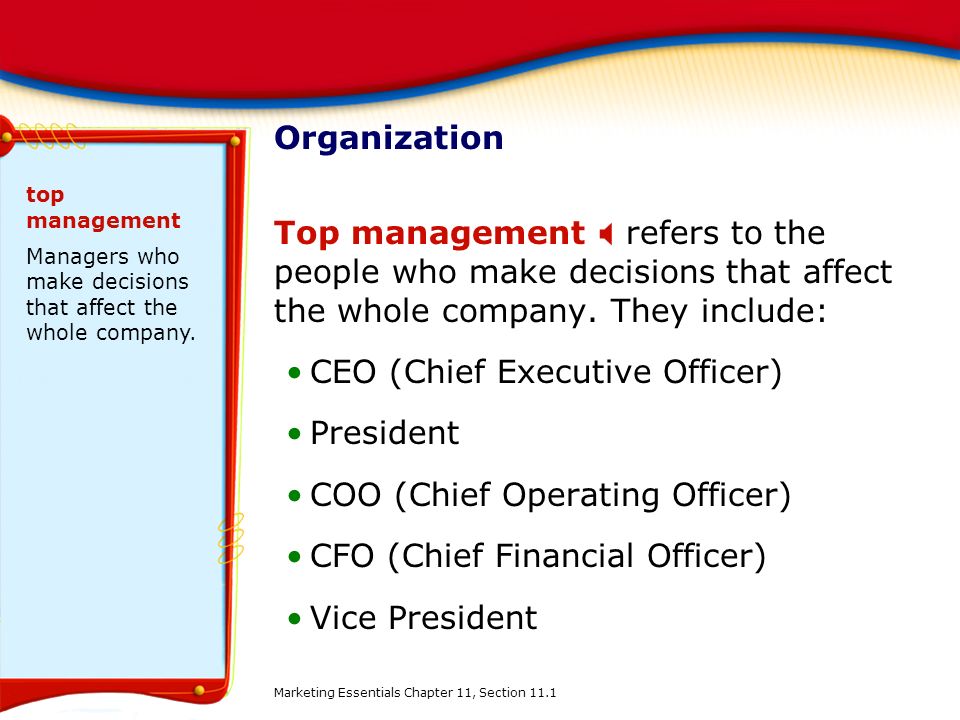 CEO (Chief Executive Officer) President COO (Chief Operating Officer)