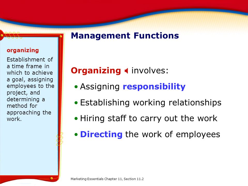 Organizing X involves: Assigning responsibility