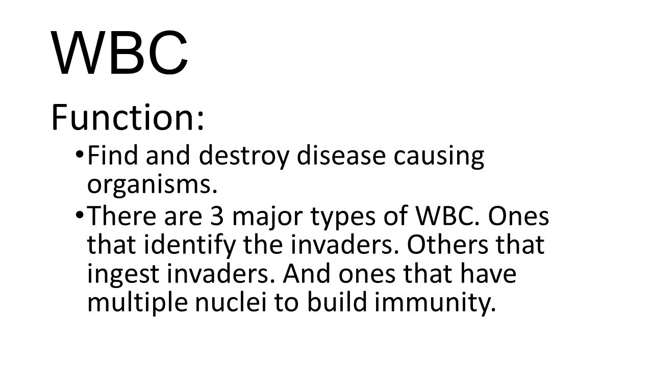 WBC Function: Find and destroy disease causing organisms.